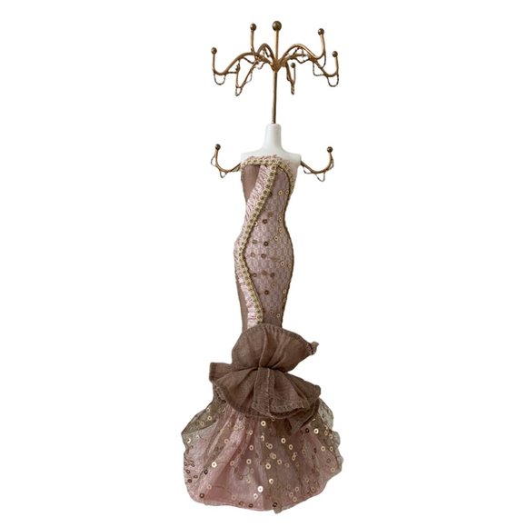 Doll Jewelry Stand Mermaid Trumpet Sequin Sparkly Golden Tan Light Pink Dress - Picture 11 of 11